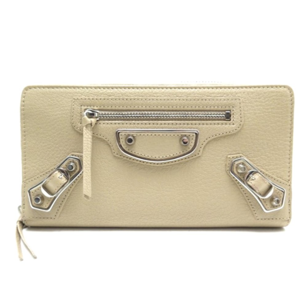 BALENCIAGA Metallic Edge Zip Around Wallet Beige Sahara - Silver NEW